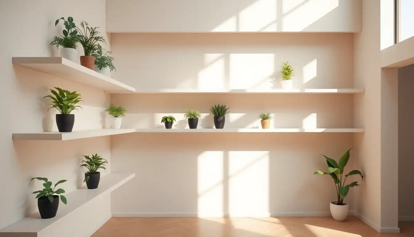 Green plants on minimalist shelves with sunlight