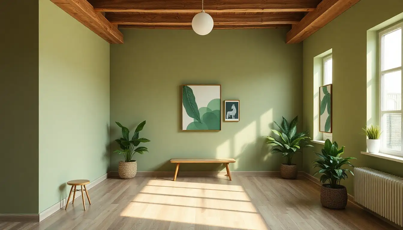 Green wall art in creative room setup