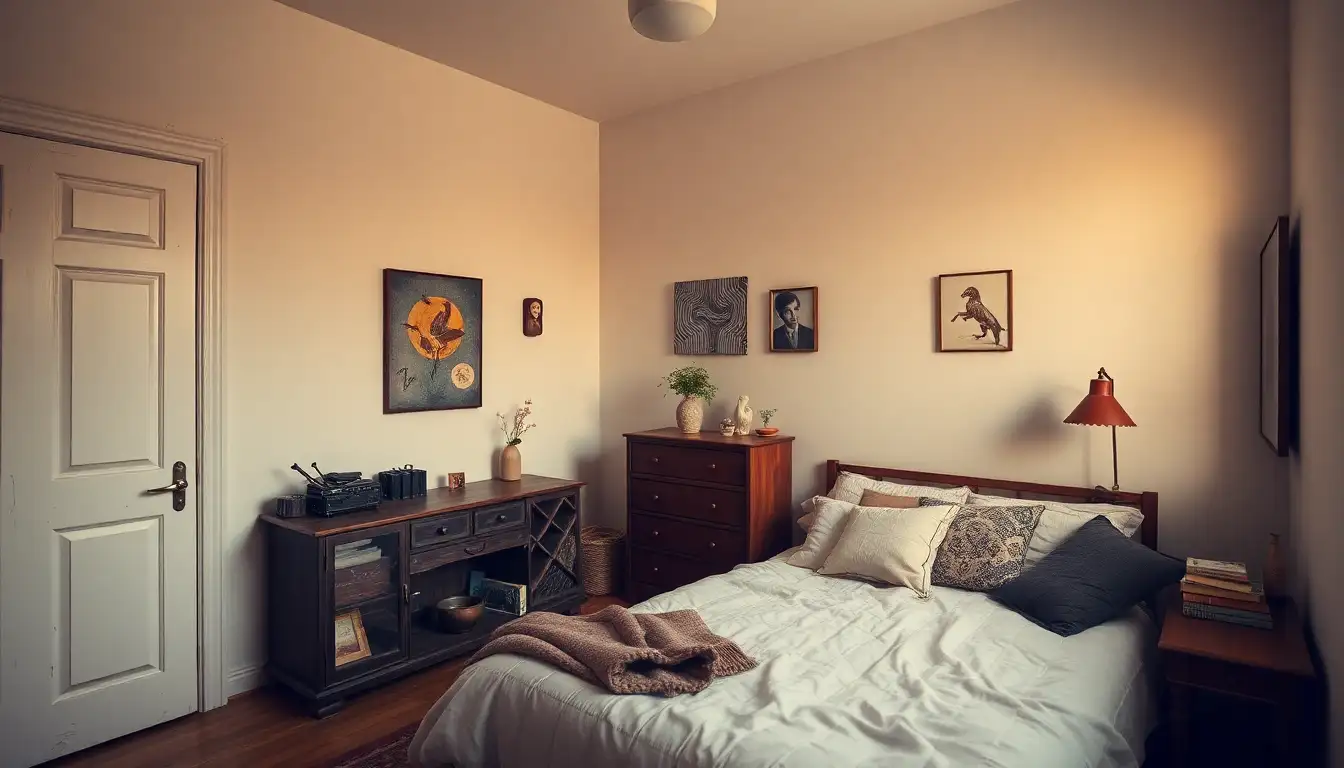 Grunge bedroom corner with upcycled furniture
