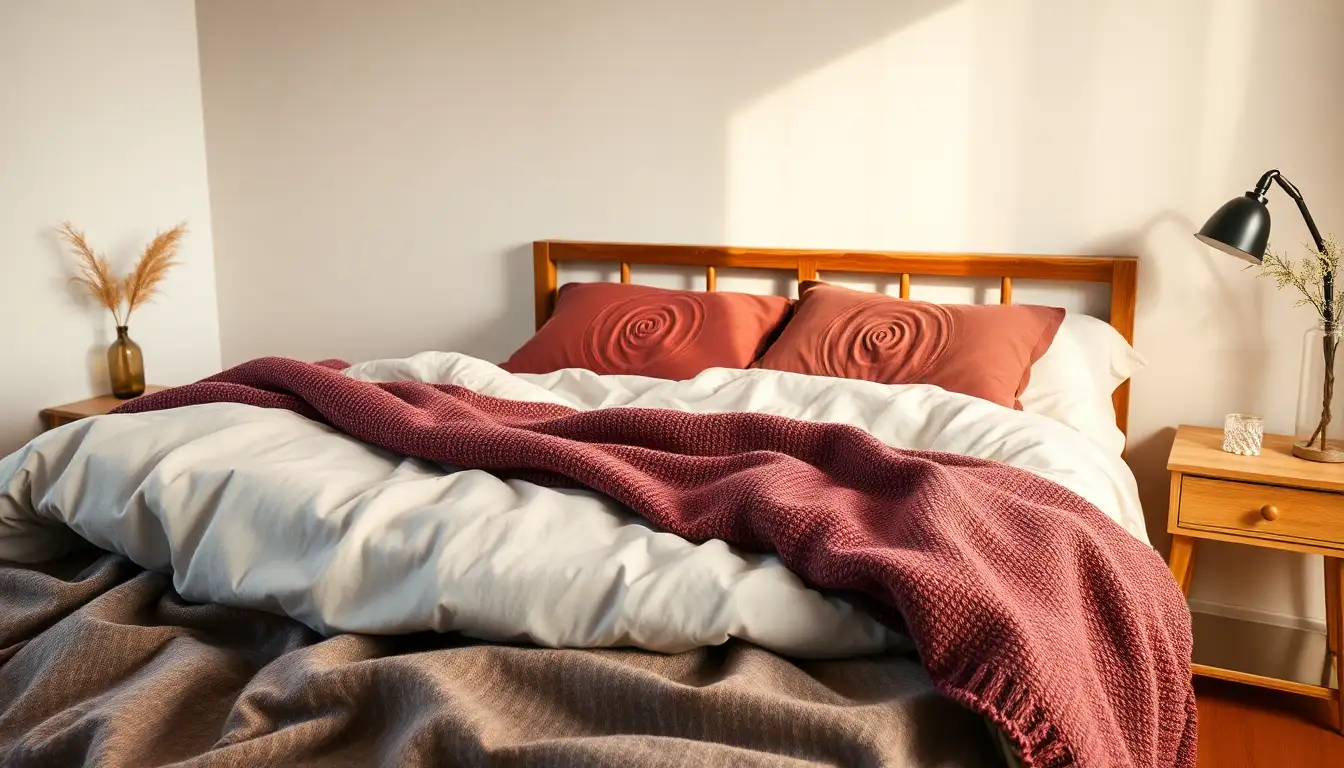 Grunge styled bed with layered blankets
