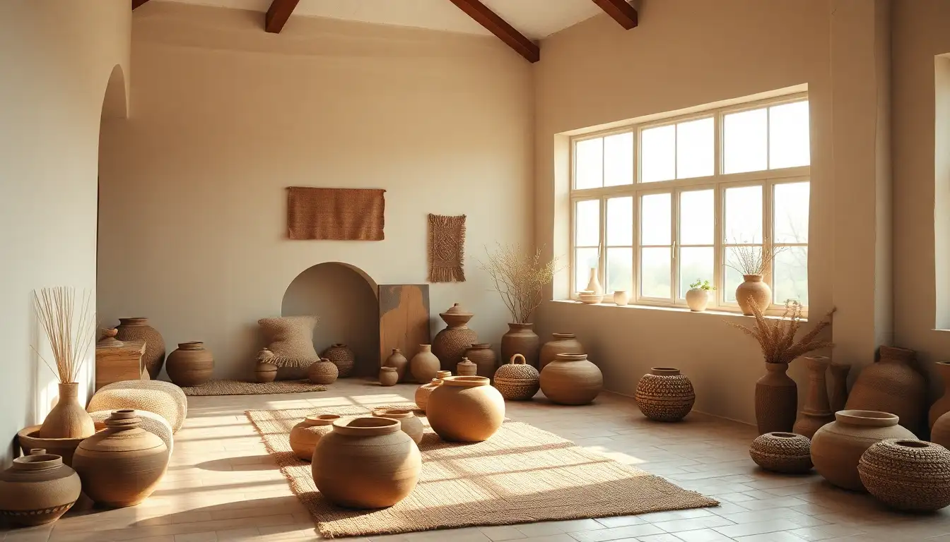 Handcrafted ceramics and textiles creating a layered art piece in earthy tones