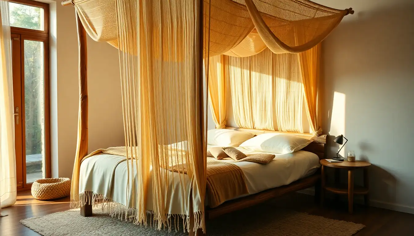 Handwoven textiles over rustic wooden bed frame