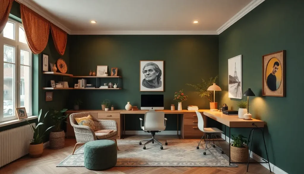 Home office in dark green bohemian style.