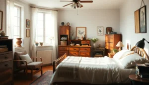 Indie bedroom with vintage furniture and layered textiles, soft morning light