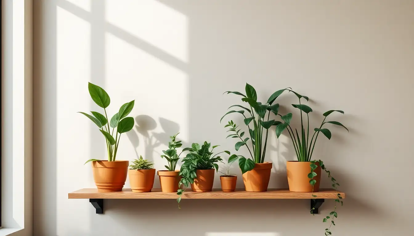 Indoor plants and terracotta pots on a shelf against a neutral backdrop