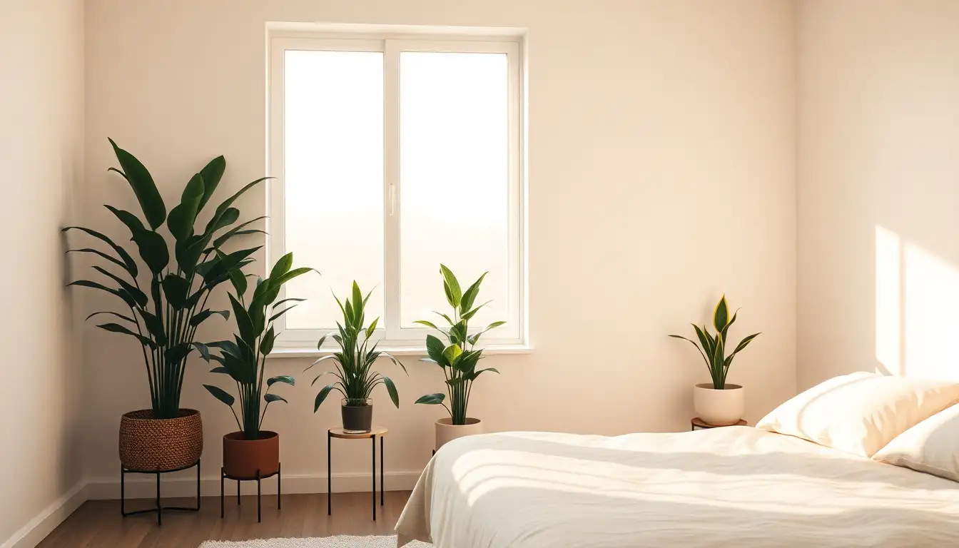 Indoor plants by a bedroom window in clean, minimalist aesthetic