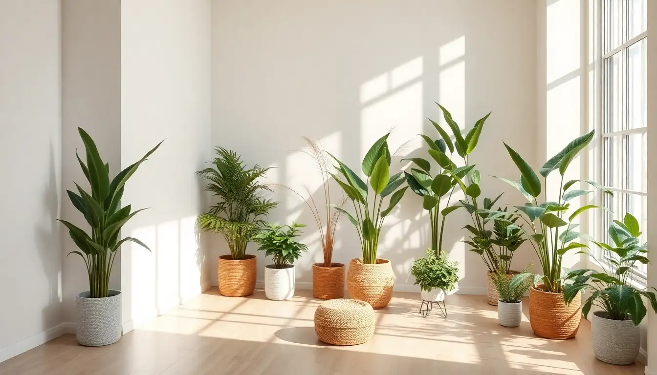 Indoor plants in beach-themed room