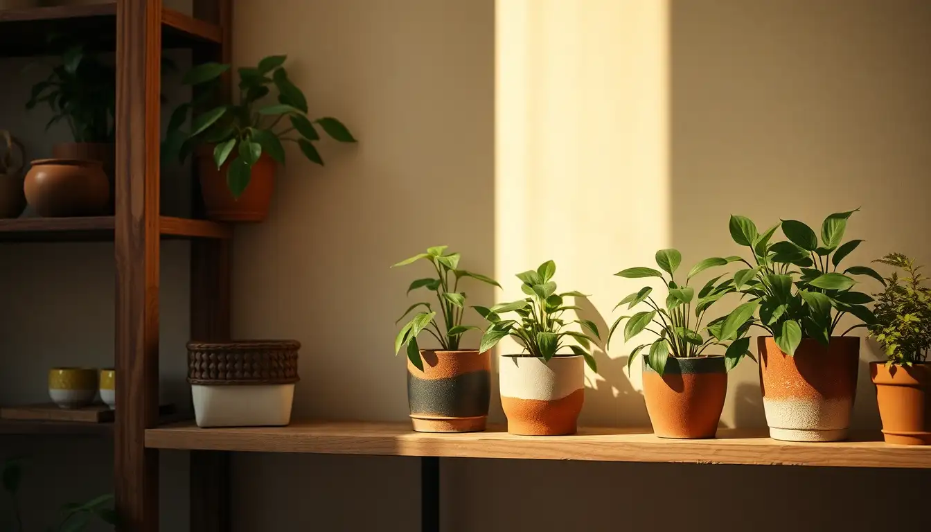 Indoor plants in rustic planters on vintage shelving, natural vintage room aesthetic
