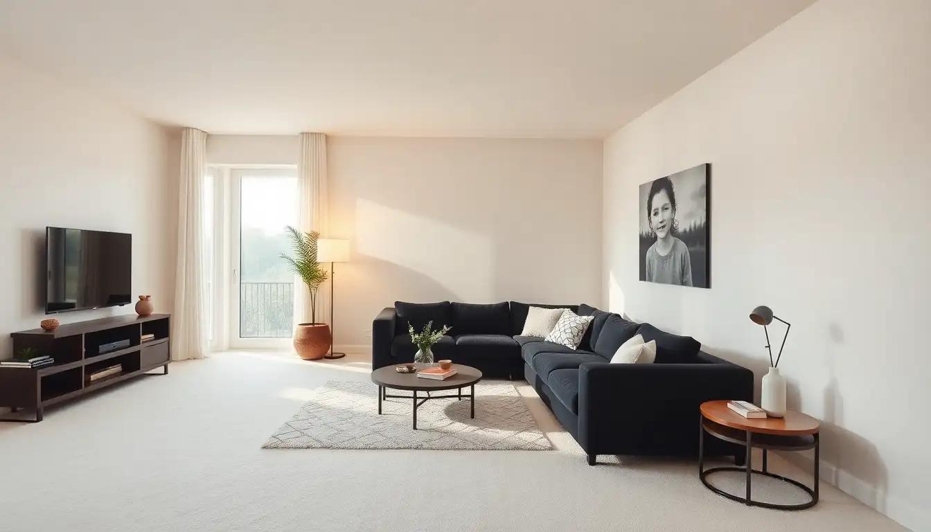 Inviting black and white family room with cozy elements