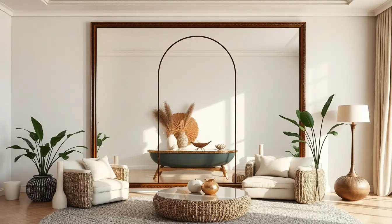 Large decorative mirror reflecting coastal room arrangement