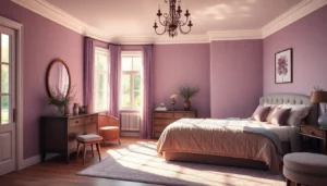 Lavender bedroom with velvet pillows and boucle rug under natural light