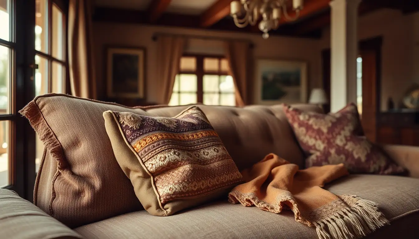 Layered vintage textiles on cozy sofa, vintage room aesthetic