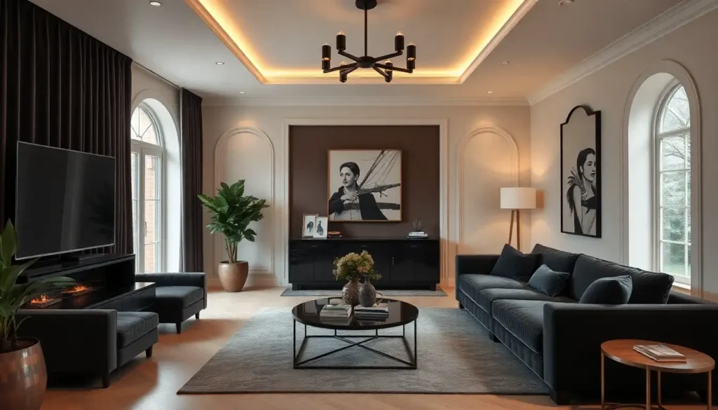 Living room with black velvet furniture and chic decor pieces