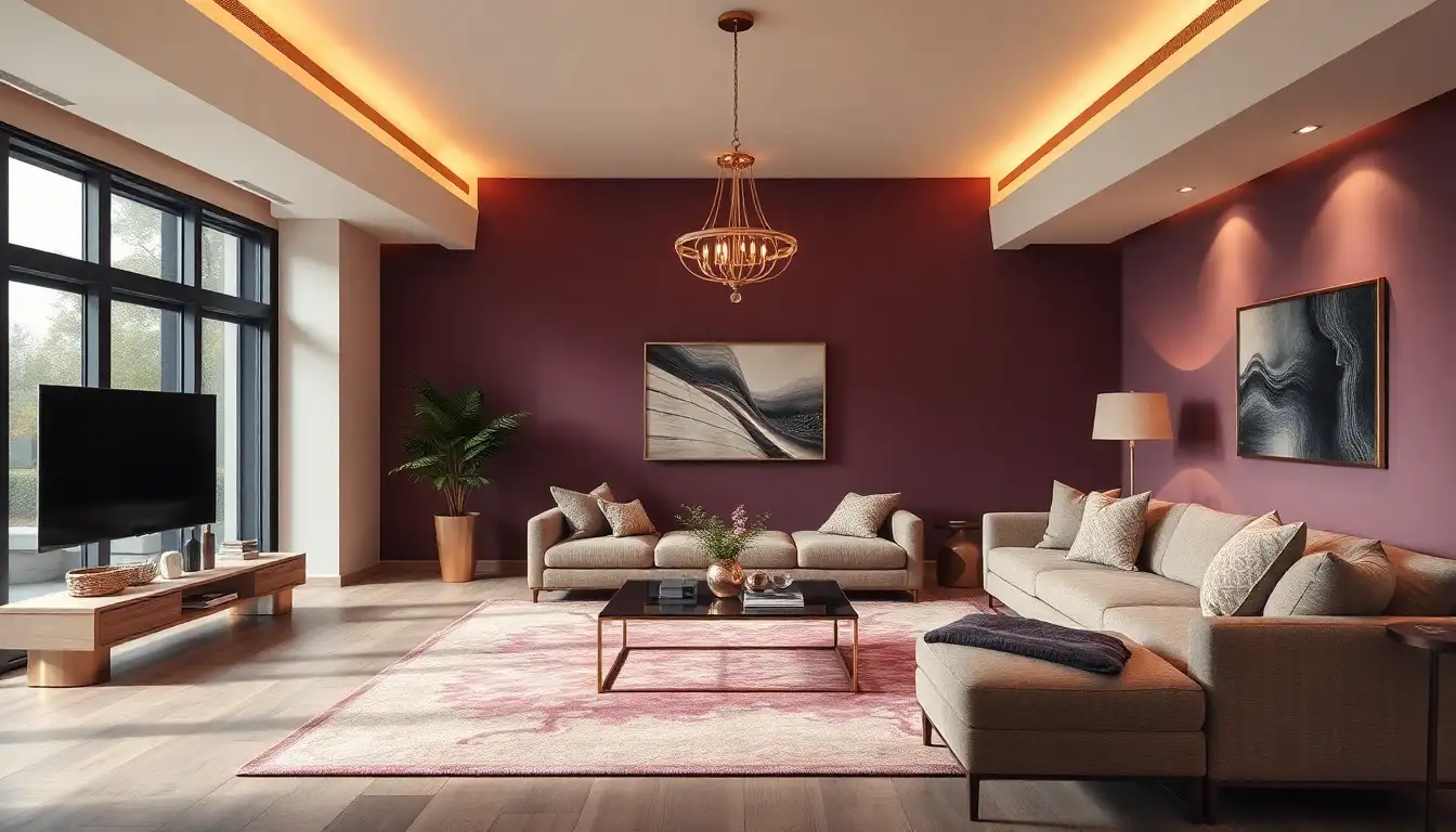 Luxurious plum living room with metallic decor