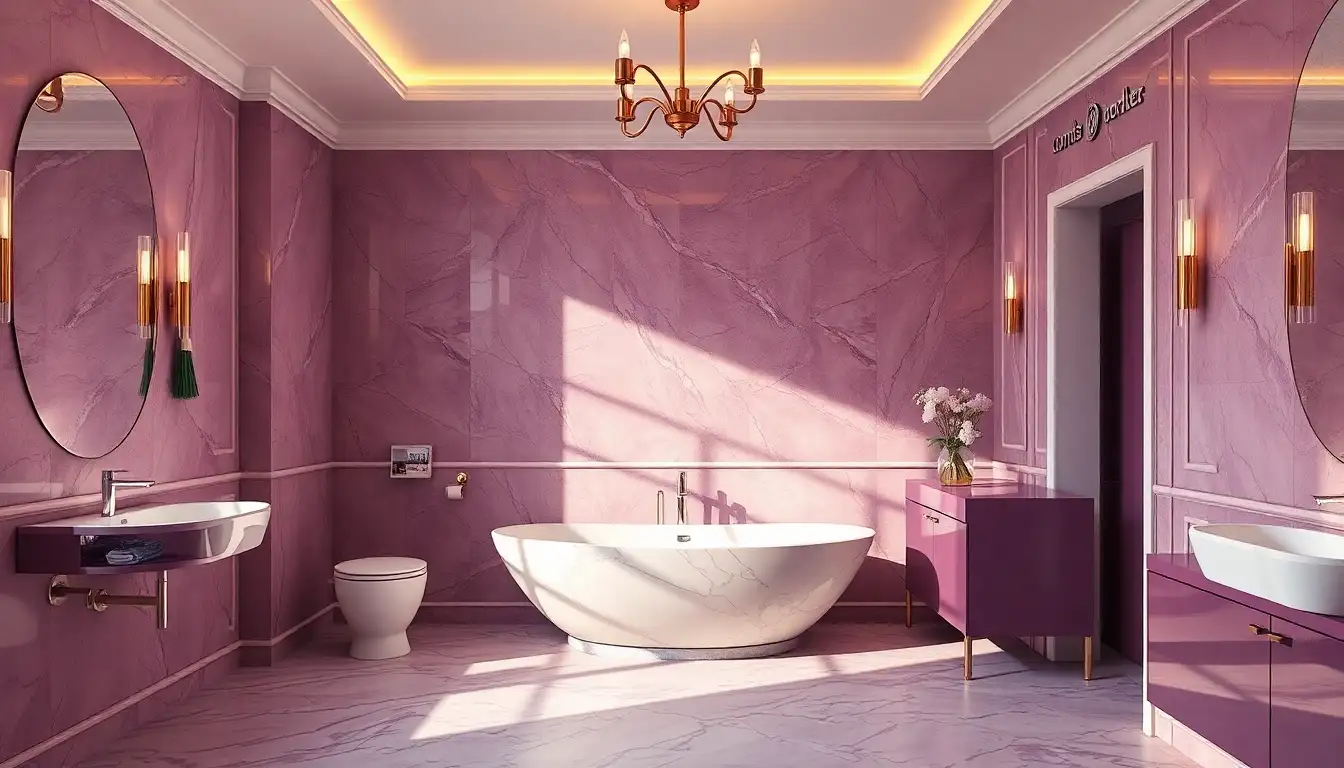Luxurious purple bathroom with marble and elegant lighting