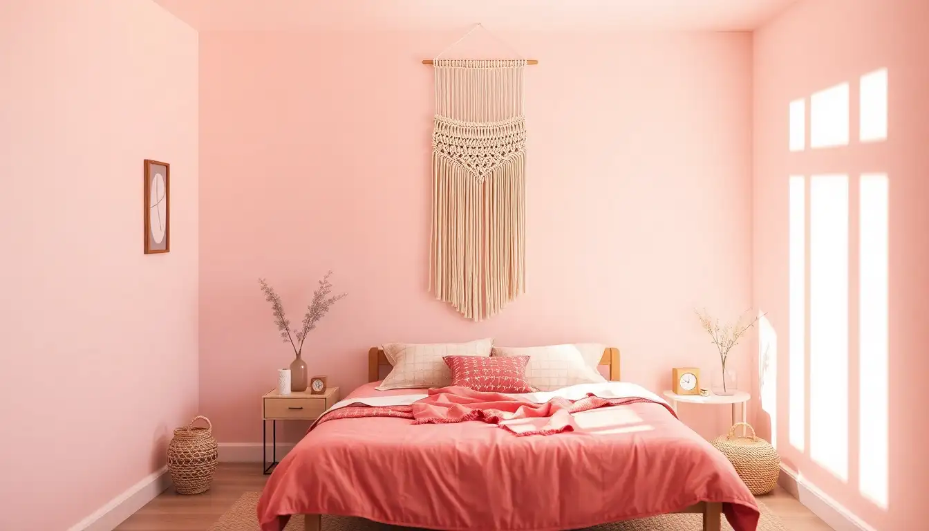 Macram&eacute; wall hanging in pink-themed bedroom.