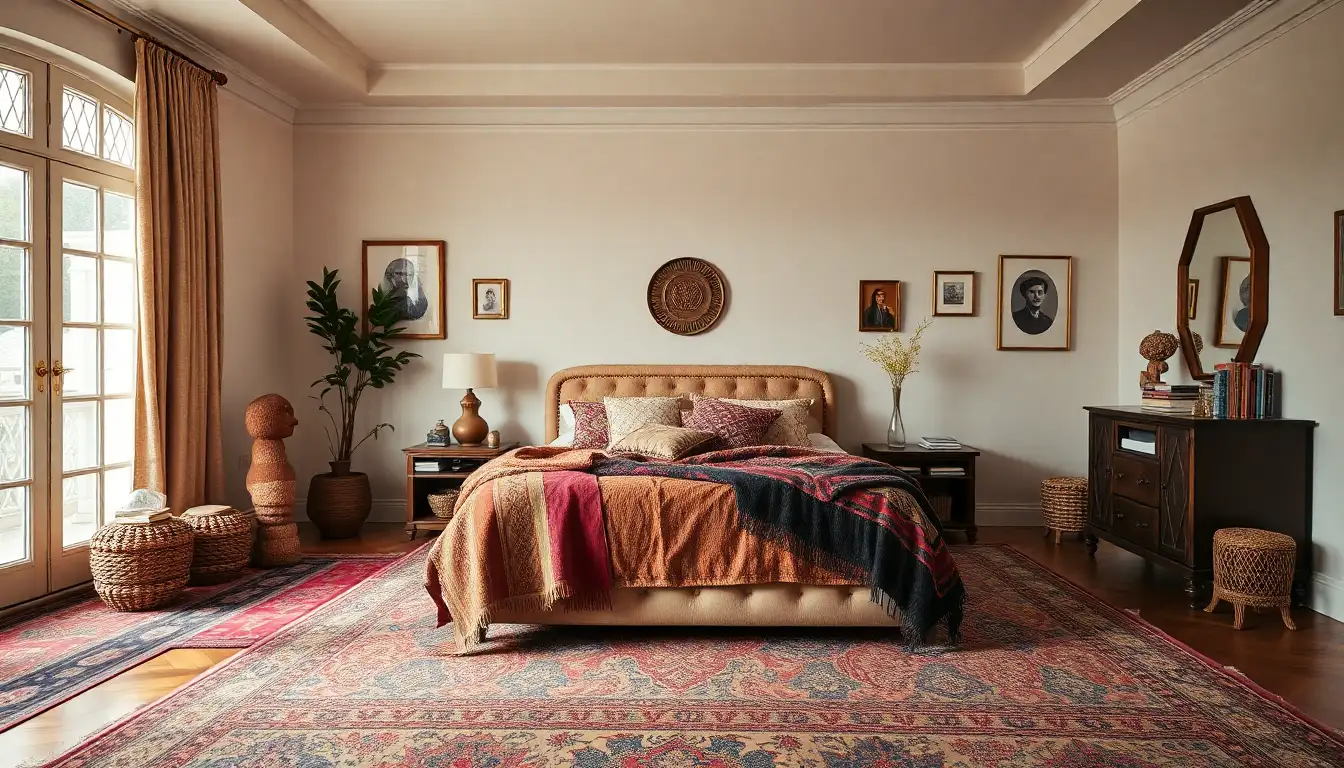 Maximalist bedroom with patterns and layers