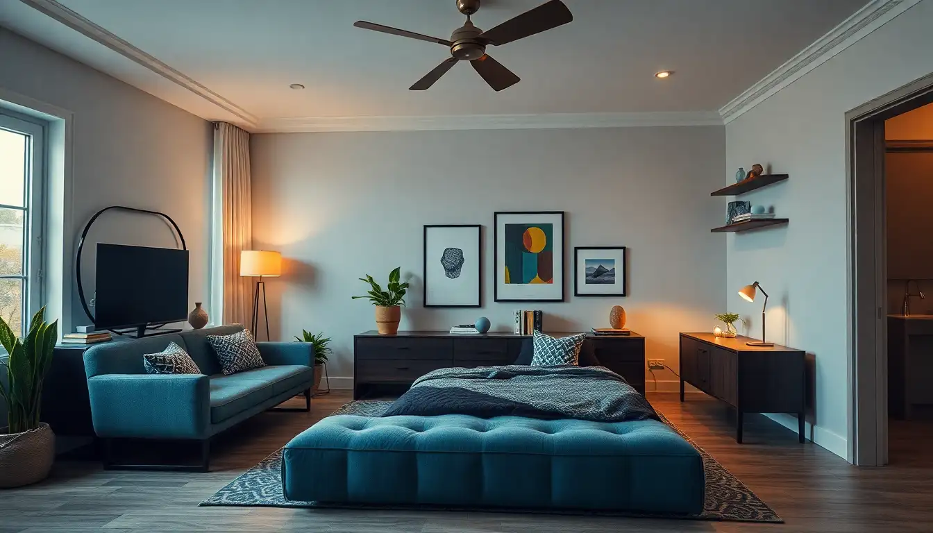 Men's room featuring personal color choices