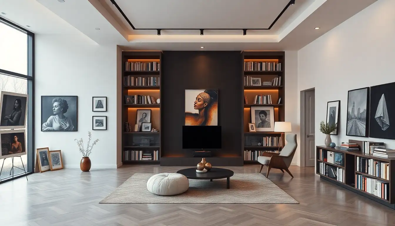 Men's room with unique art pieces and personal collections on display