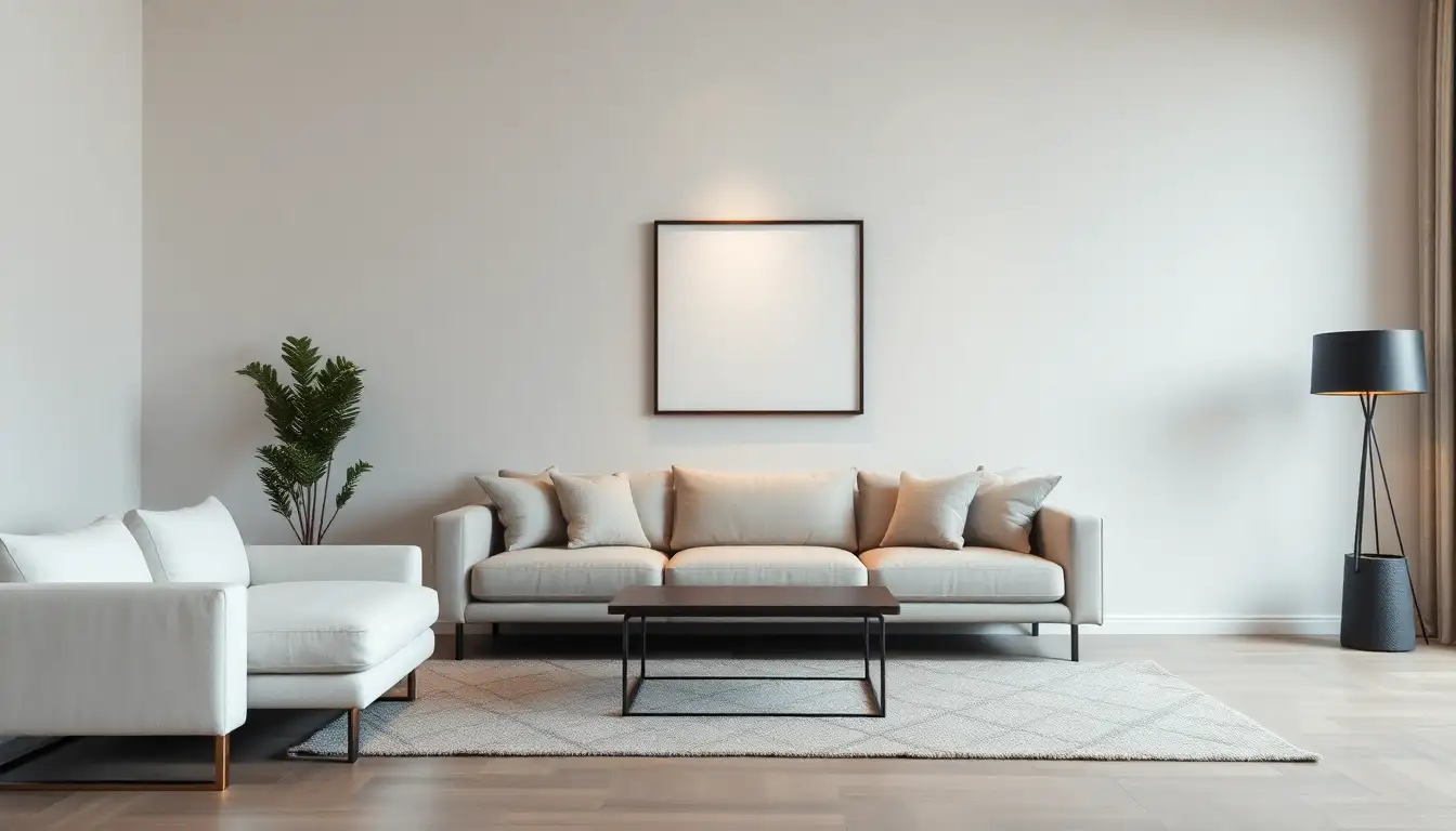 Minimal wall art above a neutral sofa in a calm, modern setting