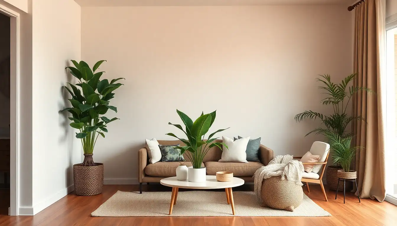 Minimalist boho room with simple furniture and green plants.