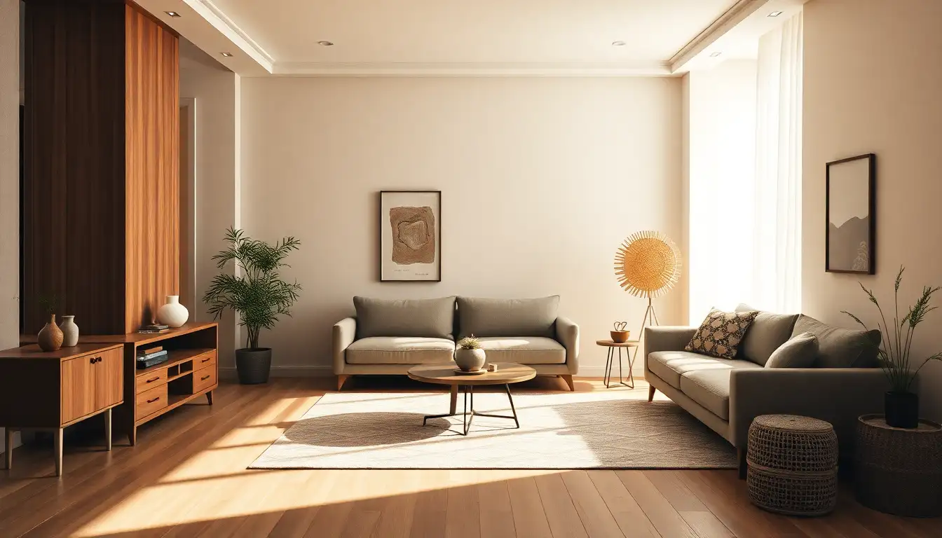 Minimalist room decorated with calm earthy accents under soft lighting