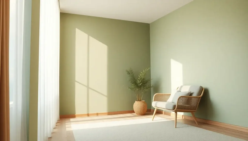 Minimalist sage green room corner with cozy textures