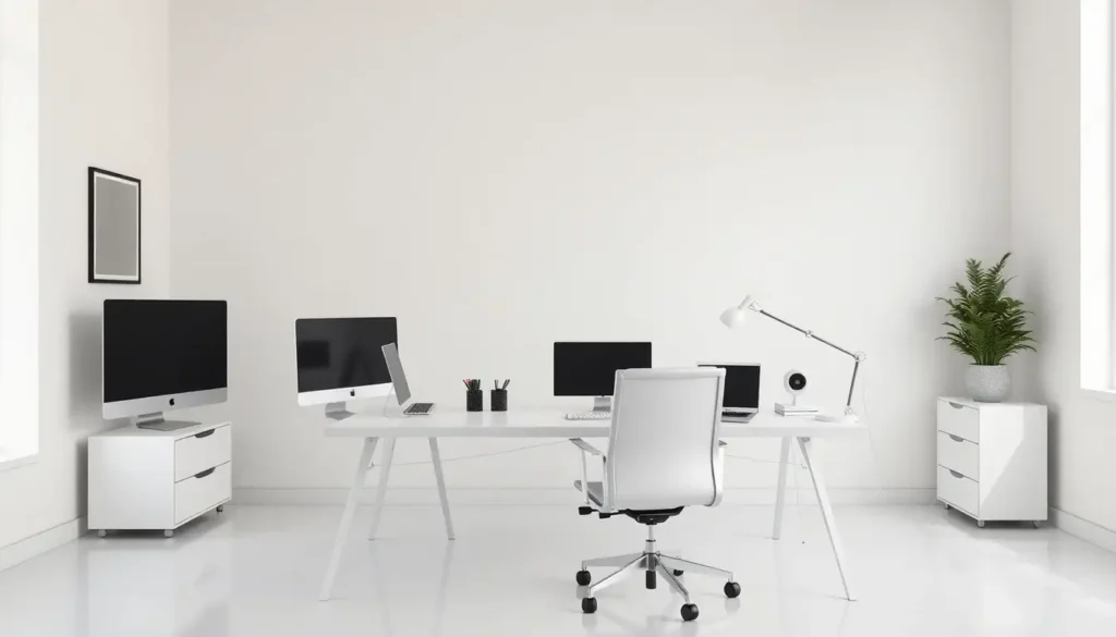 Minimalist white office with desk and chair, great example of functional white room