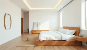 Minimalistic bedroom design with large bed and natural wood elements