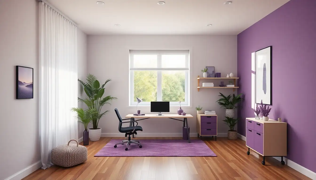 Minimalistic home office with simple purple decor
