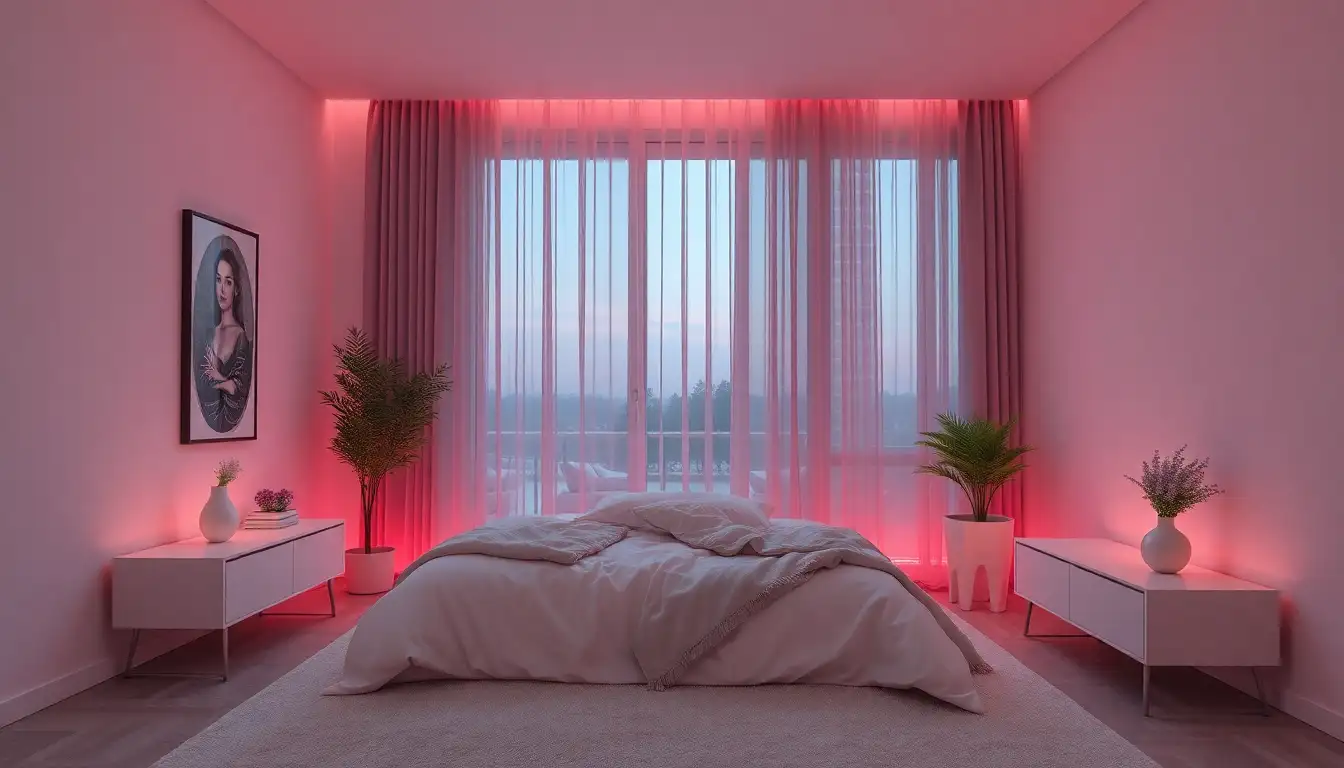 Modern bedroom with soft pink ambient lighting.
