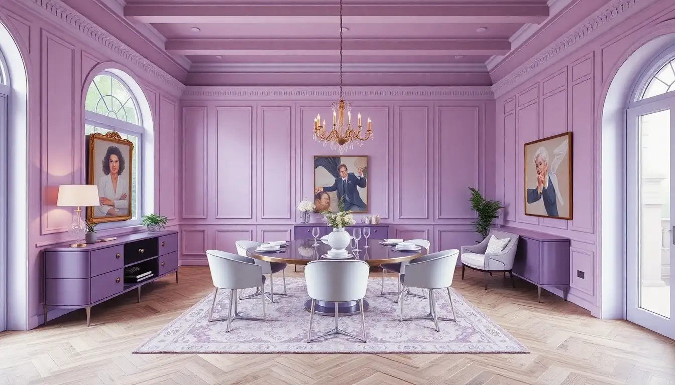 Modern dining room with light purple accents