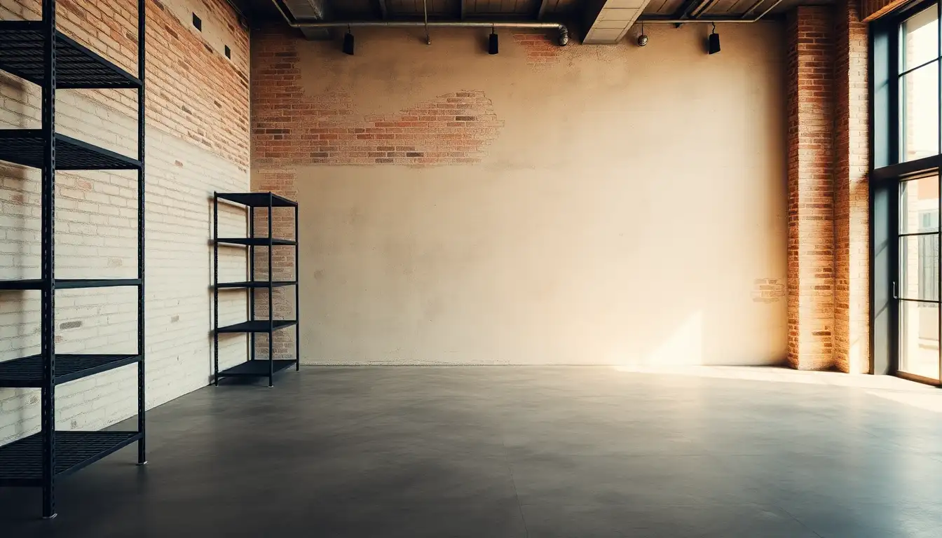 Modern men's room with industrial design elements like metal and brick