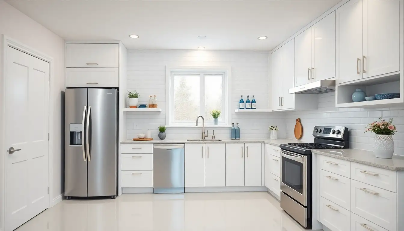 Modern white kitchen with stainless steel appliances and subtle accents for style
