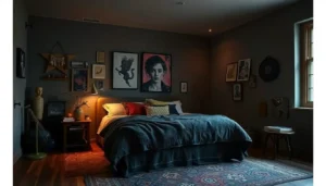 Moody grunge bedroom with layered textiles