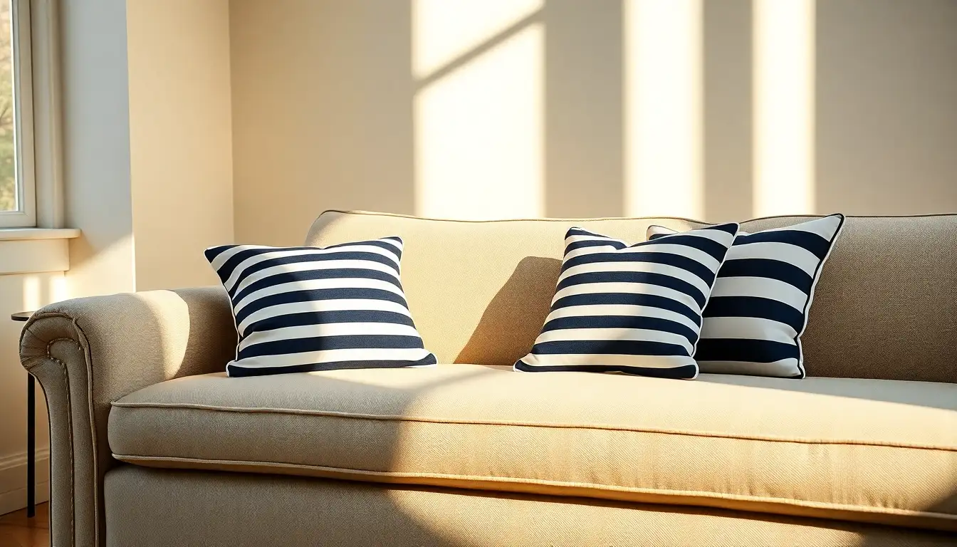 Navy and white nautical stripe pillows on a sofa