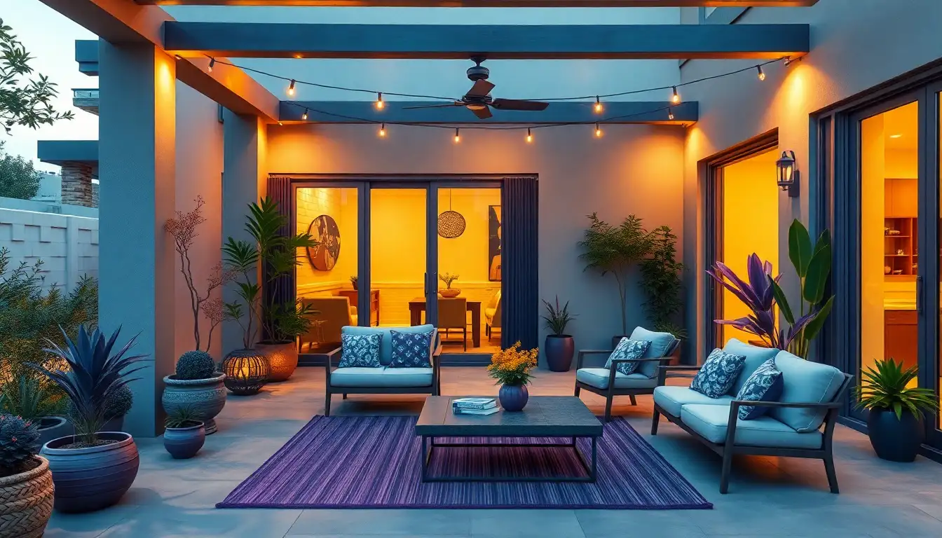 Outdoor patio with purple decor and cozy seating