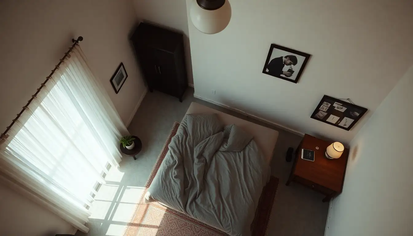 Overhead view of grunge bedroom