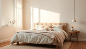 Pastel-colored bedding with fluffy throw pillows under soft morning light for an Aesthetic Cute Bedroom