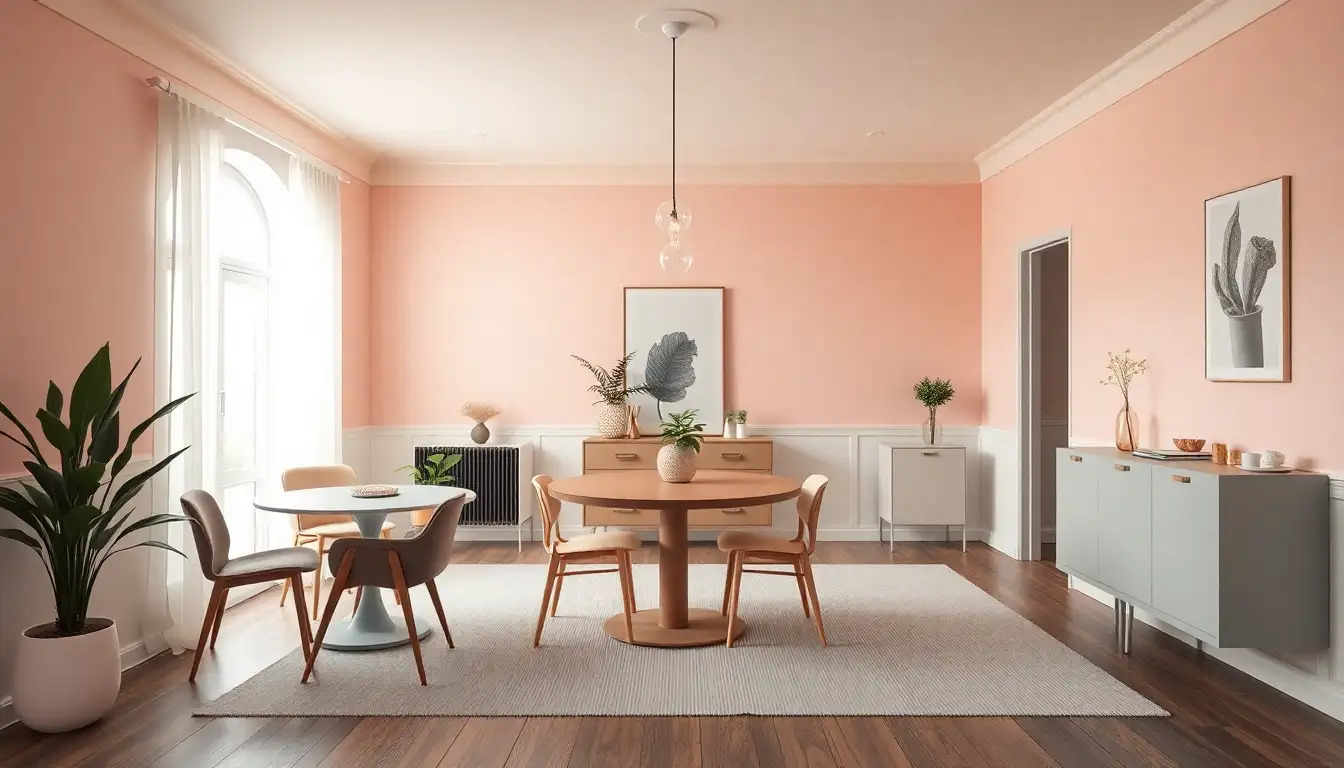 Pastel dining area with minimalist furniture