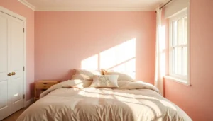 Pastel pink bedroom wall with beige duvet, morning sunlight.