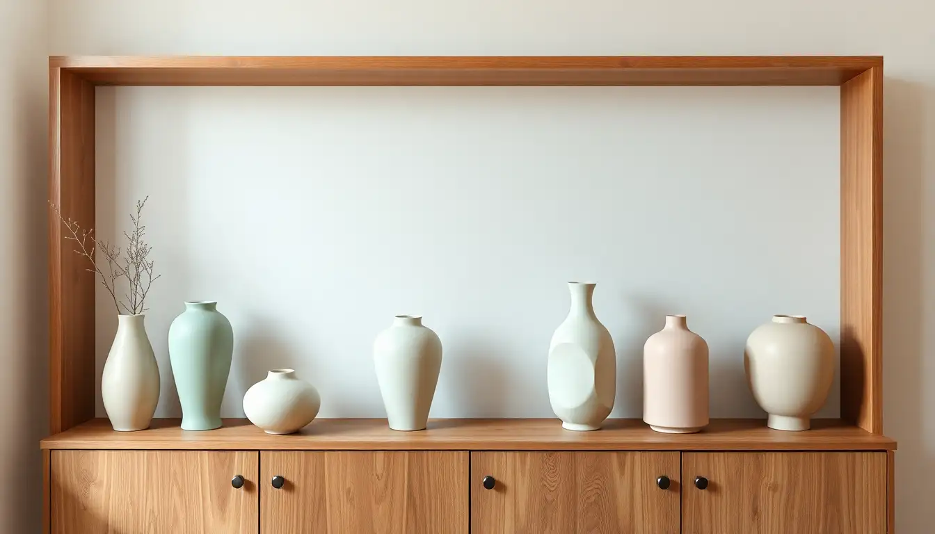 7 Danish Pastel Bedroom Ideas for a Serene Space 11 Pastel vases on a minimalist shelf in a Danish room