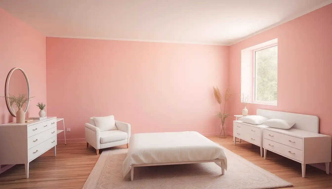 Pink-hued bedroom with minimalist white furniture.