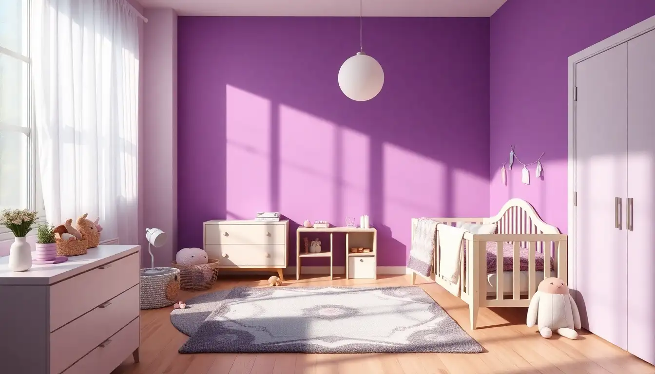 Purple nursery with playful decor and natural lighting