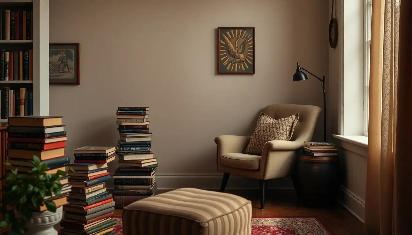 7 Irresistible Dark Academia Aesthetic Room Ideas for That Scholarly Vibe 5 Reading nook with armchair and vintage book stack