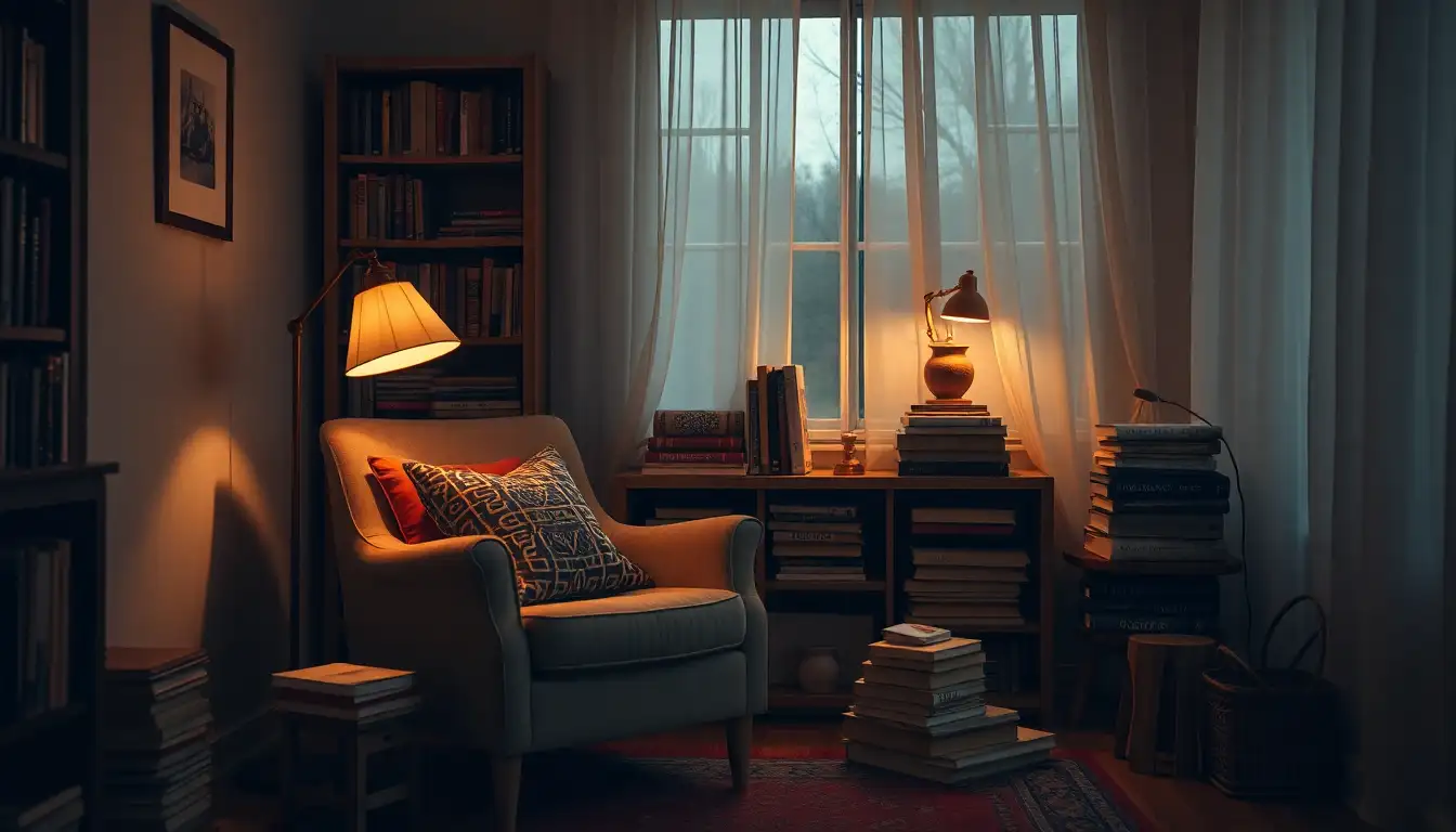 Reading nook with vintage armchair and floor lamp