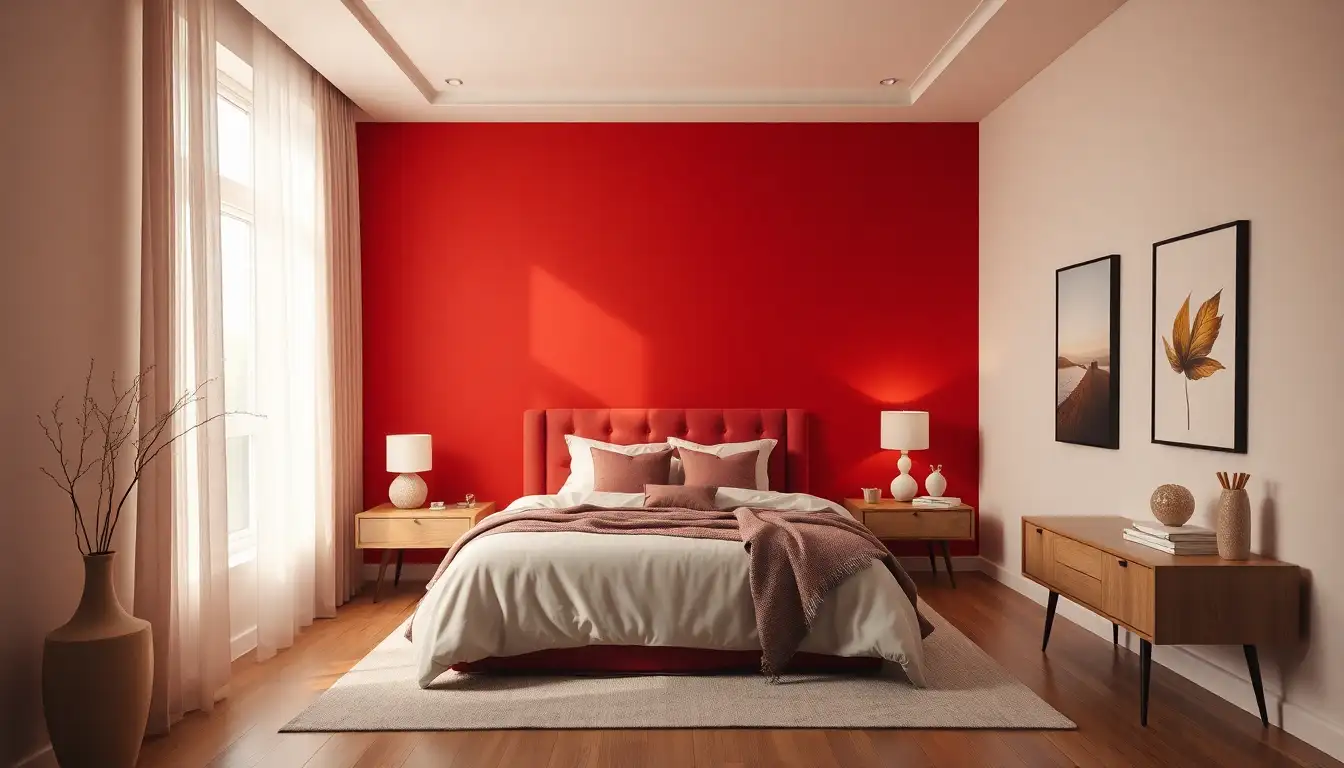 Red accent bedroom with neutral decor elements balancing the space