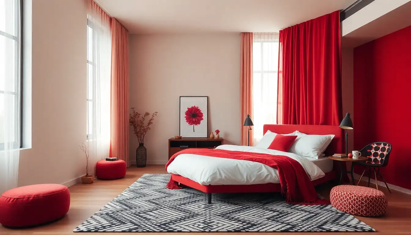 Red-themed bedroom with layered textures and geometric patterns