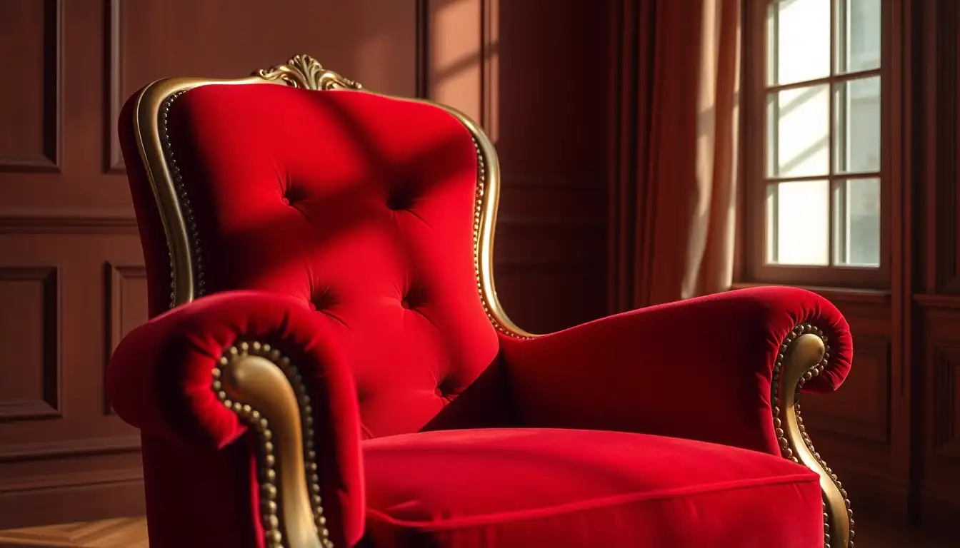 Red velvet armchair in bold bedroom decor style with gold accents