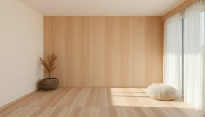 Room with natural wood and fabric textures creating calm